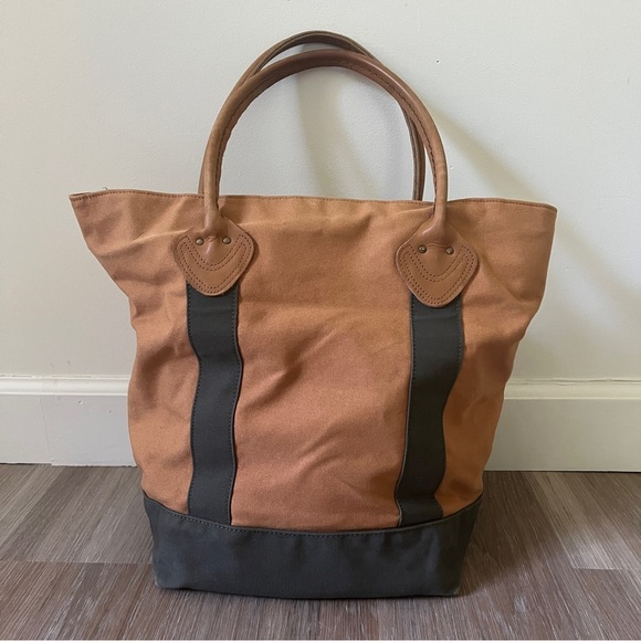 L.L. Bean Boat and Tote Canvas Bag Brown Green Leather tan olive - Picture 2 of 14